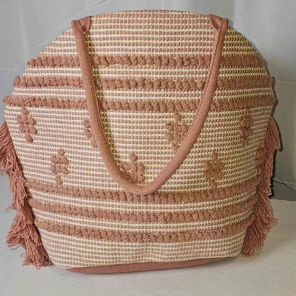Shade & Shore Straw And Fringe‎  Mauve / White Beach Large Tote